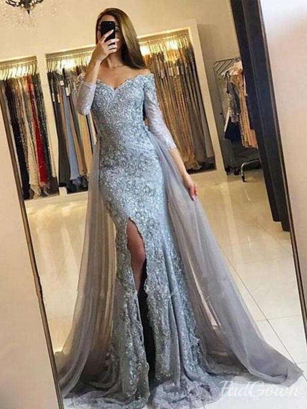 Long Sleeve Dusty Blue Lace Side Slit Mermaid Evening Prom Dresses, Popular 2018 Party Prom Dresses, Custom Long Prom Dresses, Cheap Formal Prom Dresses,OP069