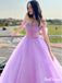 Elegant Purple Off the Shoulder Floor-Length Tulle Long Prom Dress, Lilac Evening Dress,OP011