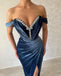 Elegant Long Navy Off-the-shoulder Column Ankle Length Prom Dress With Slit,OP142
