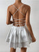 Alluring Sliver Party Spaghetti Strap Pleat Criss-Cross Mini Homecoming Dresses, HM55
