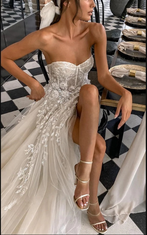 Blingbling Tulle Sweetheart Side Slit Empire Long Fashion Wedding Dresses,WD68