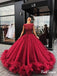Luxurious Dark Red Lace Ball Gown Tulle Long Evening Prom Dresses, PD017