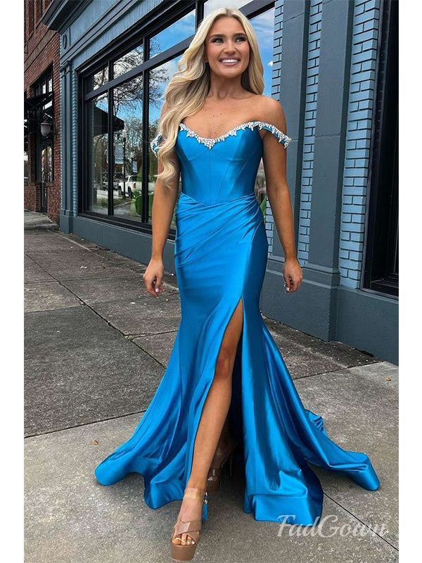 Sexy Blue Off the Shoulder Beaded Mermaid Prom Dress with Slit,OP041