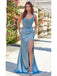 Blue Lace-Up Sheer-Corset Long y Satin Prom Dress With Split,OP210