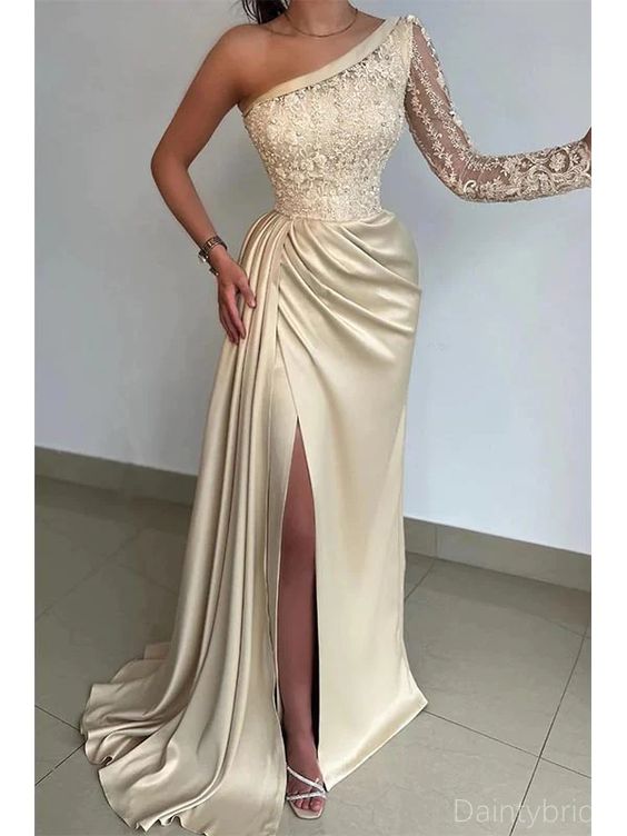 Elegant One Shoulder Applique Long Sleeve Sheath Prom Dresses Evening Dress with Side Slit,OP110