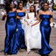Royal Blue Off-shoulder Satin Mermaid Long Bridesmaid Dress,BD011