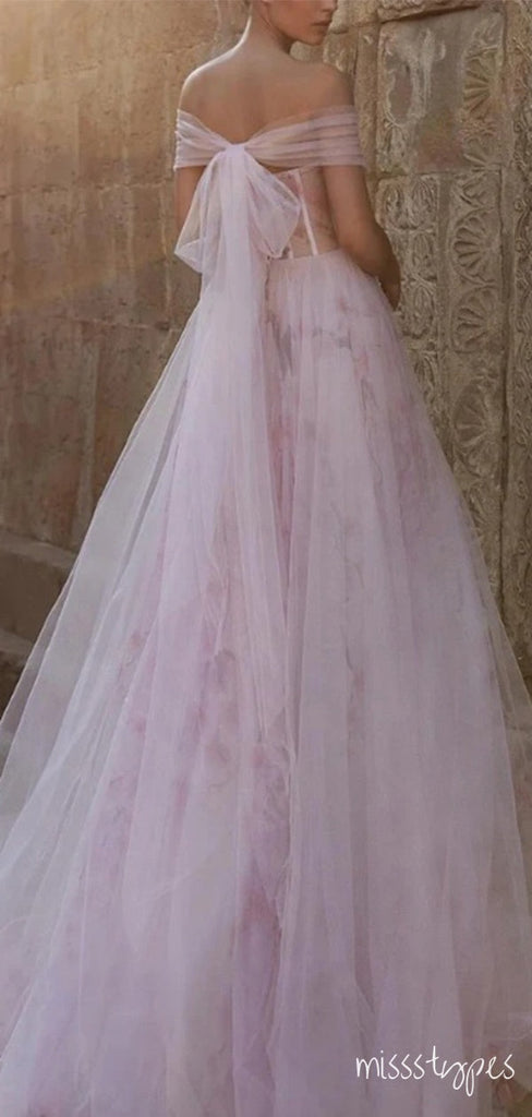 Dreamy Pink Off Shoulder Highwaist Empire Tulle Floor-Length Prom Dresses,ZX107