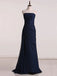 Elegant Sleeveless Straight Neck A-line Tulle Dark Navy Long Evening Prom Dress,18317
