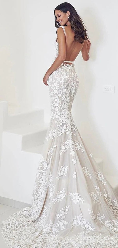 Long Mermaid Backless V-neck Spaghetti Straps Lace Wedding Dresses,WD045